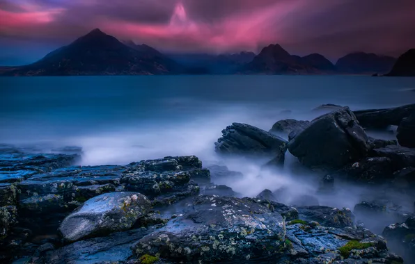 Sunset, mountains, night, fog, lake, stones, rocks, haze