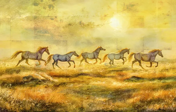 Horses, horse, running, a lot, the herd, horses, imitation painting, AI art