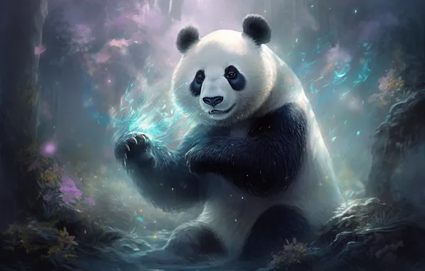 Forest, face, light, nature, bear, Panda, painting, imitation painting