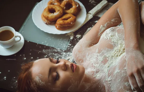 Chest, face, coffee, donuts, flour, Catherine Seriukova, Nikolas Verano, Katherine Usher