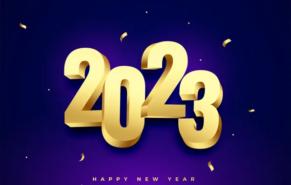The inscription, figures, New year, gold, date, confetti, purple background, 2023