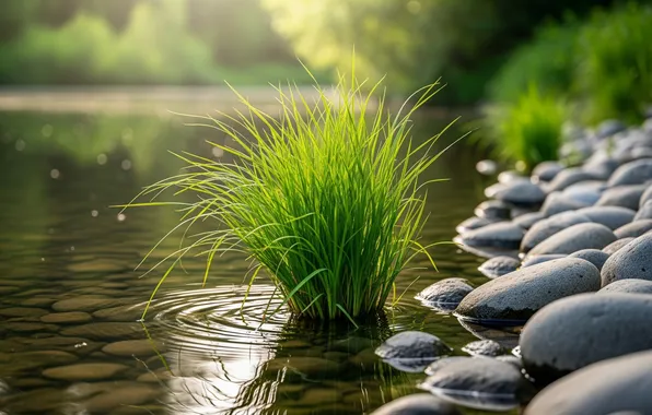 Grass, water, stones, Wallpaper, shore, wallpaper, grass, water