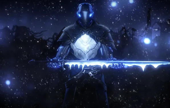 Sword, armor, art, helmet, sci-fi, ice. snow