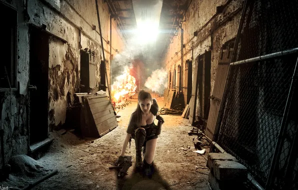 Picture girl, weapons, fire, machine, lane, abandonment