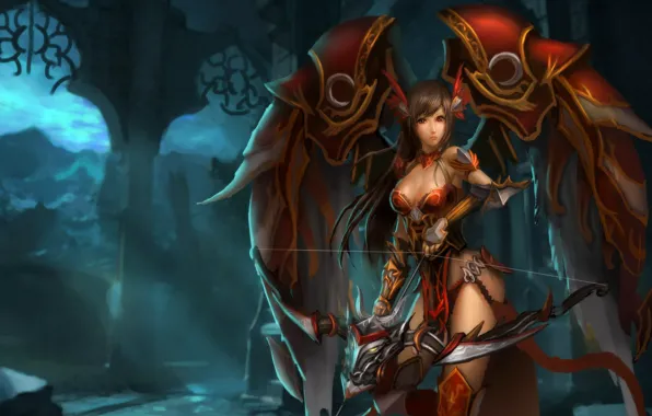 Girl, mountains, night, fantasy, bow, armor, ruins