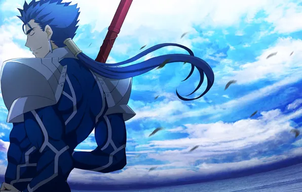 Picture the sky, anime, art, guy, spear, Lancer, Fate stay night, Fate / Stay Night
