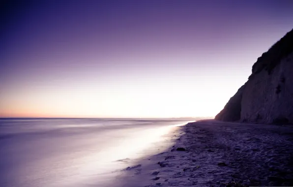 Picture sand, sea, stones, shore, Mountain, lilac evening