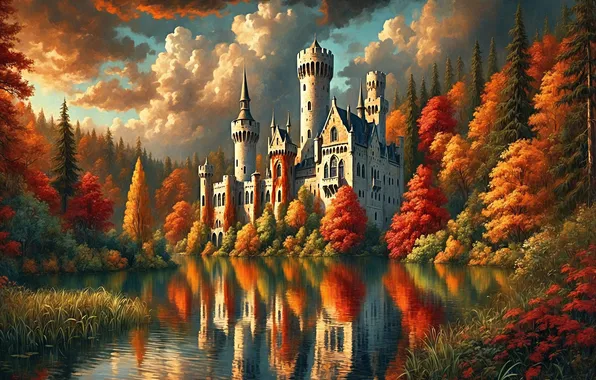 Autumn, forest, clouds, light, lake, reflection, castle, shore