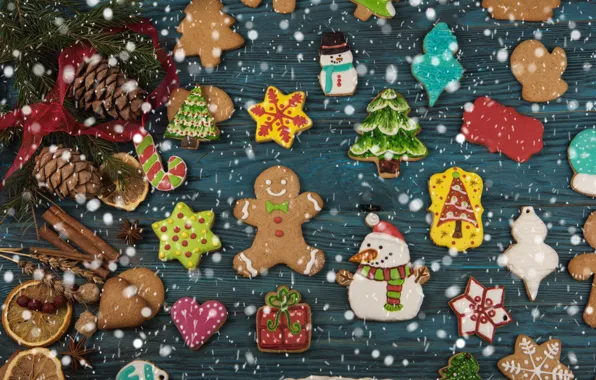 Snow, New Year, cookies, Christmas, wood, Merry Christmas, cookies, decoration