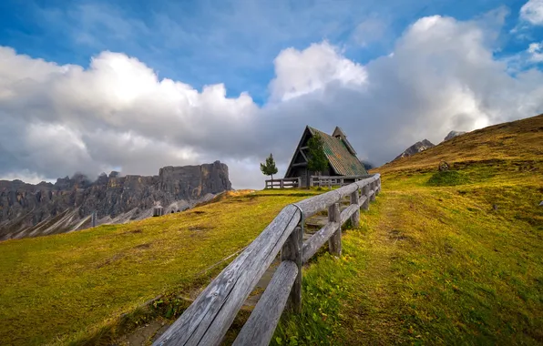 Field, the sky, grass, mountains, blue, rocks, the fence, slope
