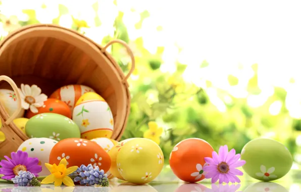 Flowers, holiday, basket, eggs, spring, Easter, lavender, daffodils