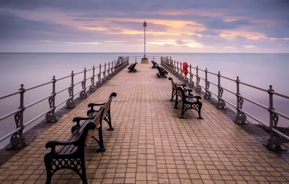 Picture sea, clouds, pierce, bench