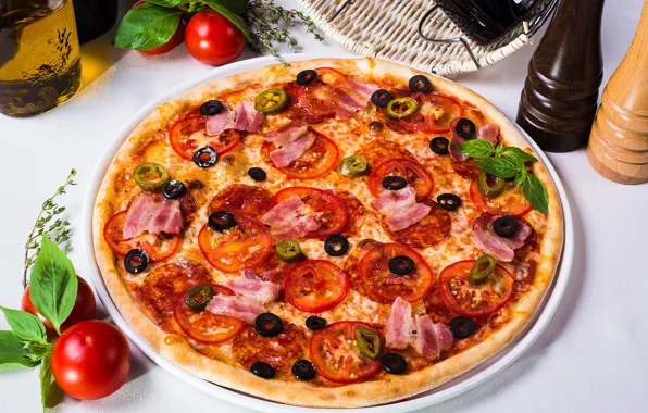 Pizza, tomato, bacon, olives, spices, Basil