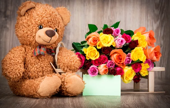 Love, gift, roses, bear, love, bear, heart, romantic