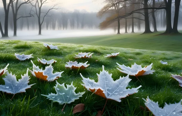 Nature, Fog, Grass, Leaves, Frost