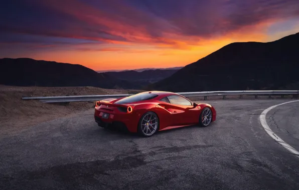The sky, sunset, mountains, the evening, Ferrari, red, GTB, 488