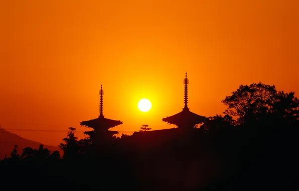Picture the sky, the sun, trees, sunset, Asia, slope, silhouette, pagoda