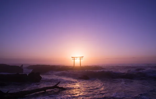 Wave, the sky, landscape, the ocean, gate, Japan, Japan, torii