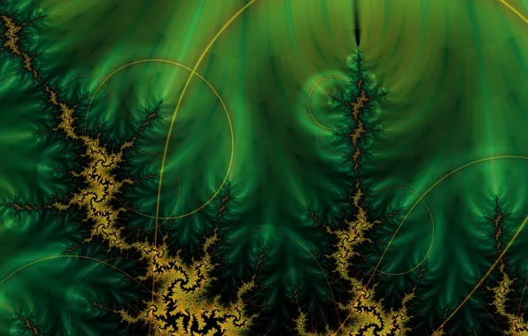 Line, circles, fractals, ovrazhki, dark green background
