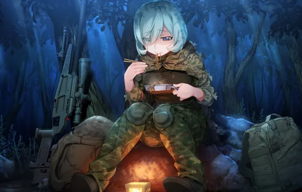 Girl, night, weapons, food, anime, Grisaia: Phantom Trigger