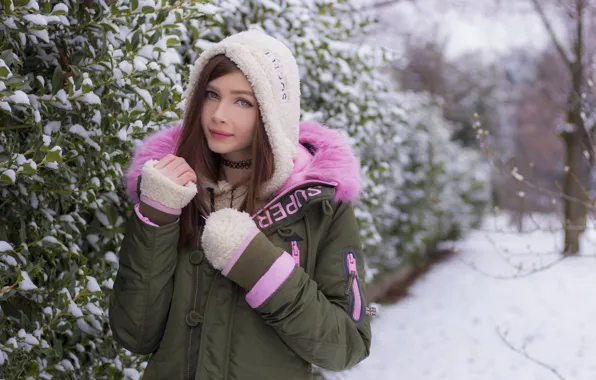 Picture winter, look, girl, snow, sweetheart, jacket, hood, beautiful