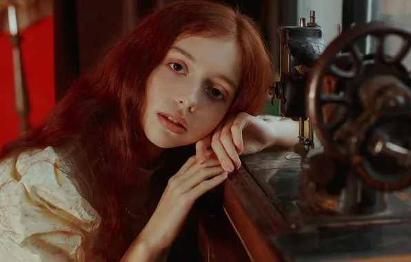 Look, girl, face, mood, hands, red, redhead, sewing machine