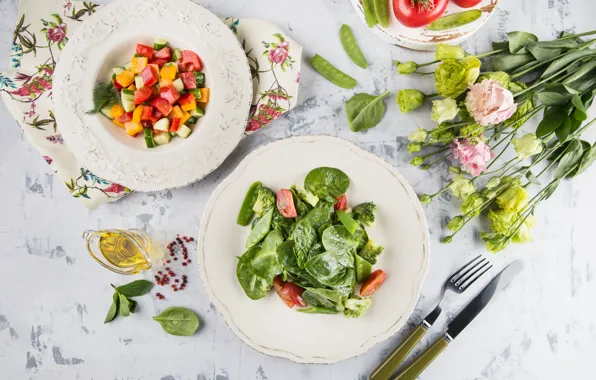 Picture flowers, greens, vegetables, salad