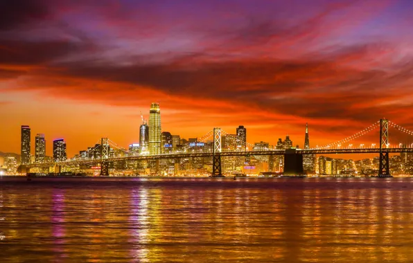 Picture the sky, night, bridge, lights, river, home, San Francisco, USA