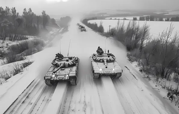 Picture Winter, Road, Trees, Snow, Retro, Tanks, Digital art, Black and white