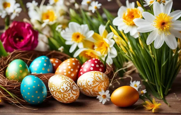 Flowers, eggs, spring, colorful, Easter, happy, flowers, spring