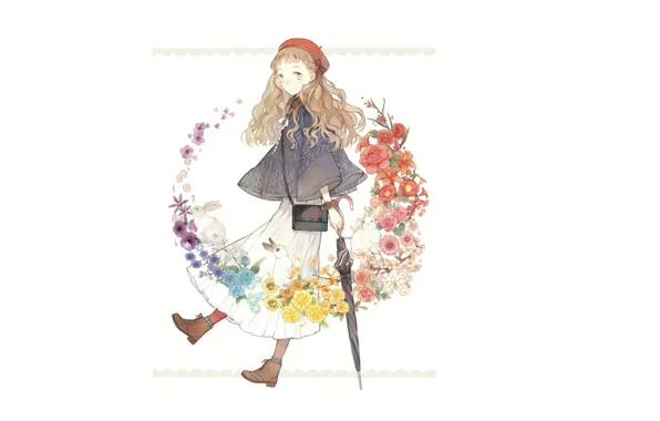 Picture umbrella, shoes, rabbit, girl, white background, bag, wreath, Cape