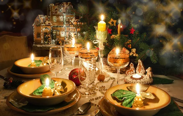 Picture winter, table, toys, candles, New Year, cookies, glasses, Christmas