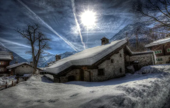 Picture winter, mountains, house, morning, town