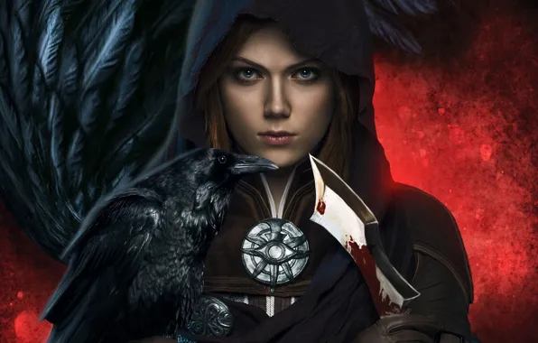 Picture girl, blood, hood, dagger, Raven, Dragon Age: Inquisition, Leliana