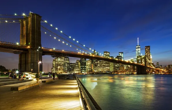 The sky, night, bridge, the city, lights, blue, people, shore