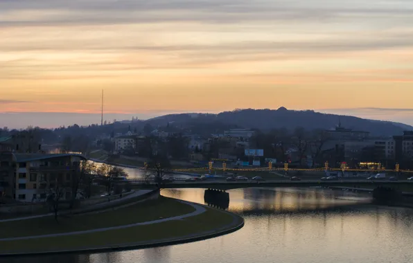 Picture light, trees, sunset, mountains, the city, river, building, home