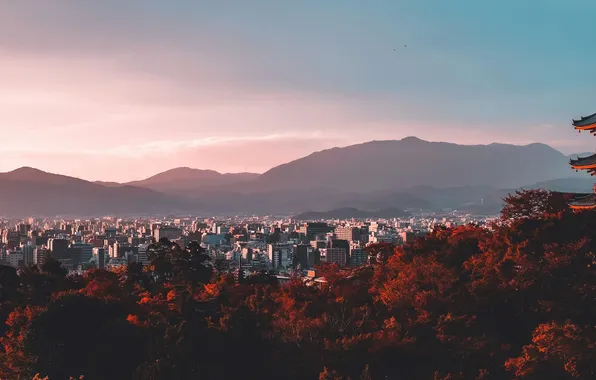 Picture mountains, the city, Japan, temple, Kyoto, Kyoto Temple Sunset