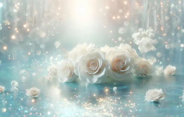 Water, light, flowers, glare, reflection, roses, bouquet, morning