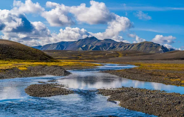 The sky, clouds, mountains, Iceland, river, Landmannalaugar