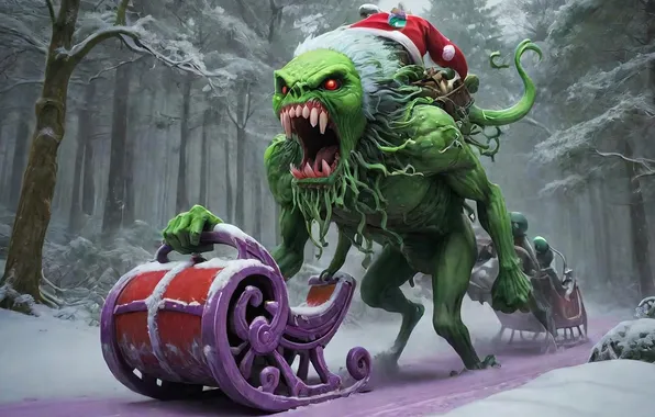 Snow, Christmas, monster, sleigh