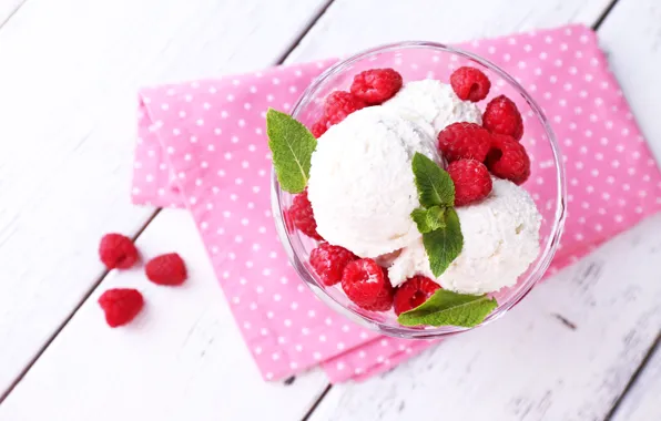 Picture raspberry, ice cream, mint, dessert, napkin, bowl