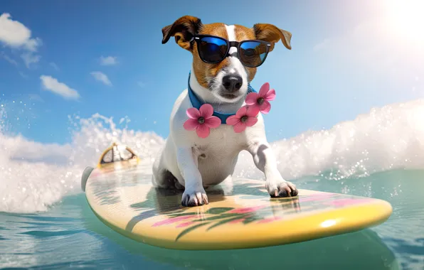 Sea, wave, water, dog, surfing, face, surfer, sunglasses
