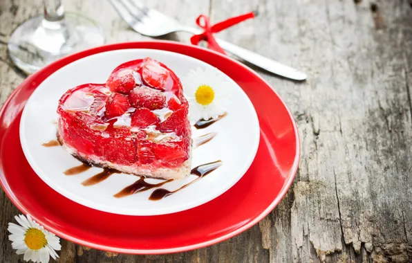 Heart, chamomile, strawberry, plate, cake, cake, dessert, cakes