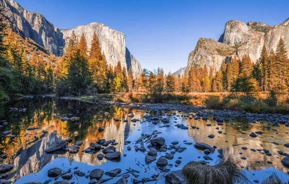 Autumn, trees, landscape, mountains, nature, lake, stones, USA