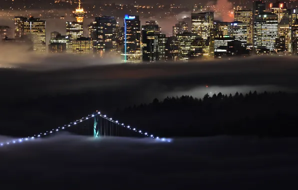 Bridge, lights, fog, home, Canada, British Columbia, West Vancouver
