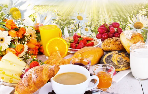 Flowers, coffee, orange, chamomile, cheese, milk, strawberry, juice