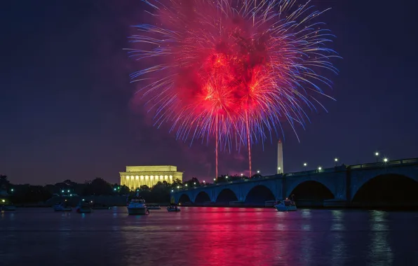Washington, fireworks, USA, Independence Day, The Lincoln Memorial, The 4th of July