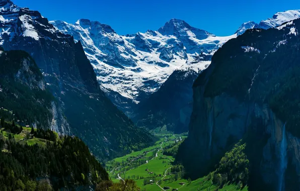 The sky, snow, trees, mountains, nature, rocks, Switzerland, village