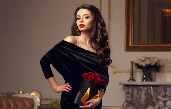 Picture look, girl, red, box, roses, makeup, dress, lipstick
