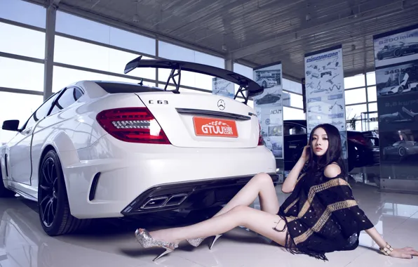 Machine, auto, girl, model, Asian, car, korean model, Mercedes c63 AMG